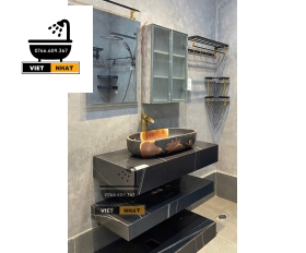 BÀN ĐÁ 2 TẦNG LAVABO NỔI - TỦ GƯƠNG 2 CÁNH KÍNH 80X50 