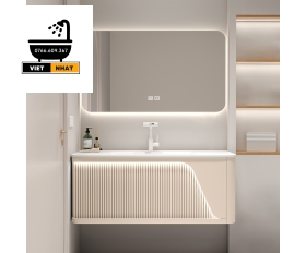 TỦ LAVABO ÂM NHỰA PVC - MÀU BE - KÍNH LAM SÓNG - 80X47