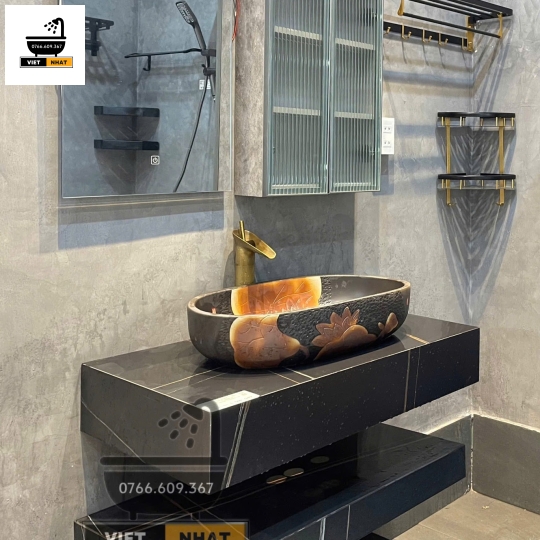 BÀN ĐÁ 2 TẦNG LAVABO NỔI - TỦ GƯƠNG 2 CÁNH KÍNH 80X50 