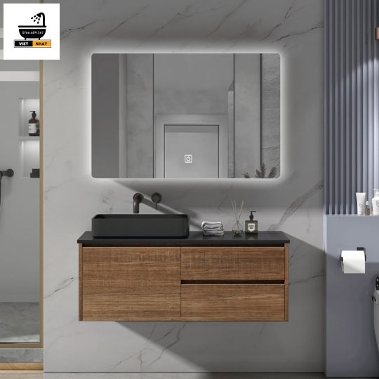 TỦ LAVABO MẶT ĐÁ ĐEN - NHỰA PVC VÂN GỖ 80X47
