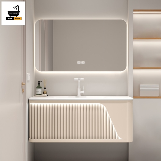 TỦ LAVABO ÂM NHỰA PVC - MÀU BE - KÍNH LAM SÓNG - 80X47