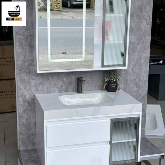 TỦ LAVABO TRẮNG MẶT ĐÁ ÂM TRÀN VIỀN