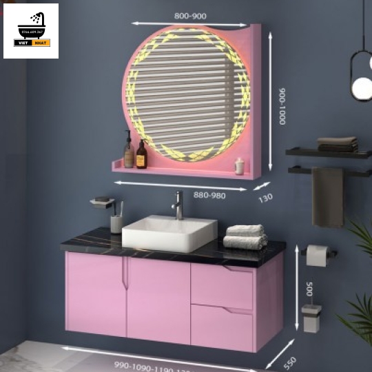 TỦ LAVABO NHỰA PVC MÀU HỒNG -  MẶT ĐÁ CHỐNG TRẦY 